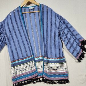 Conditions Apply Anthropologie M Cover Up Open Front‎ Blue Tassel Crochet Boho